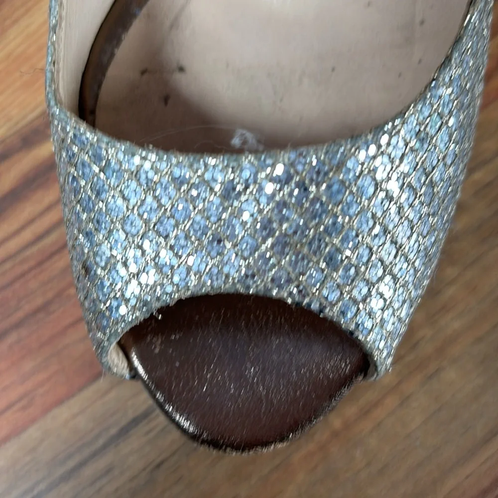 Jimmy Choo Peep Toe Luna Platform Pumps Heels Glitter Fabric Champagne 38/ 7.5 - Picture 6 of 14